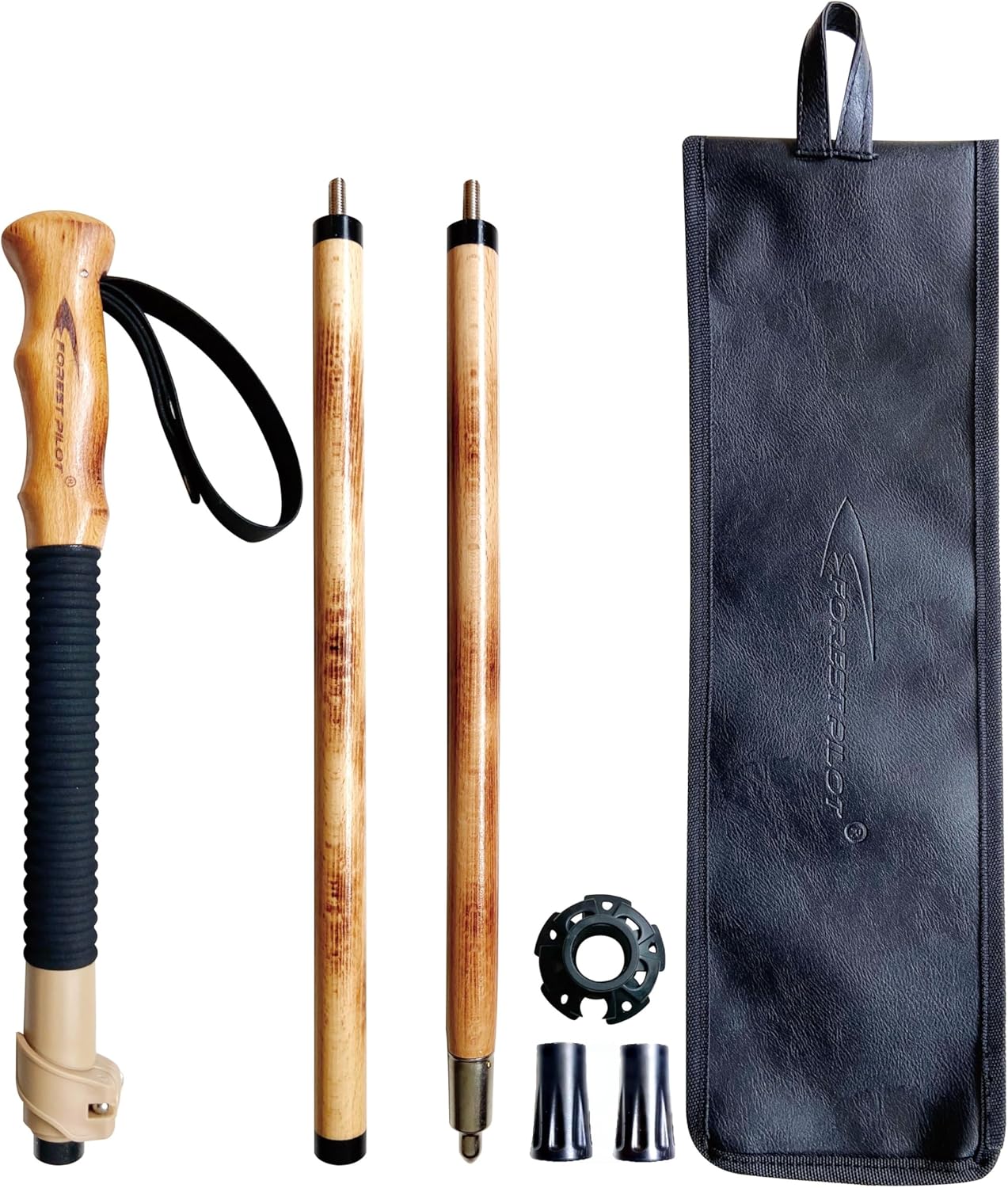 Trekking Poles- 1-pc Pack - Adjustable Hiking or Walking Stick –Strong, Natural Beech Wood - Quick Adjust Flip-Lock - Beech Wood Grip, Leather Strap