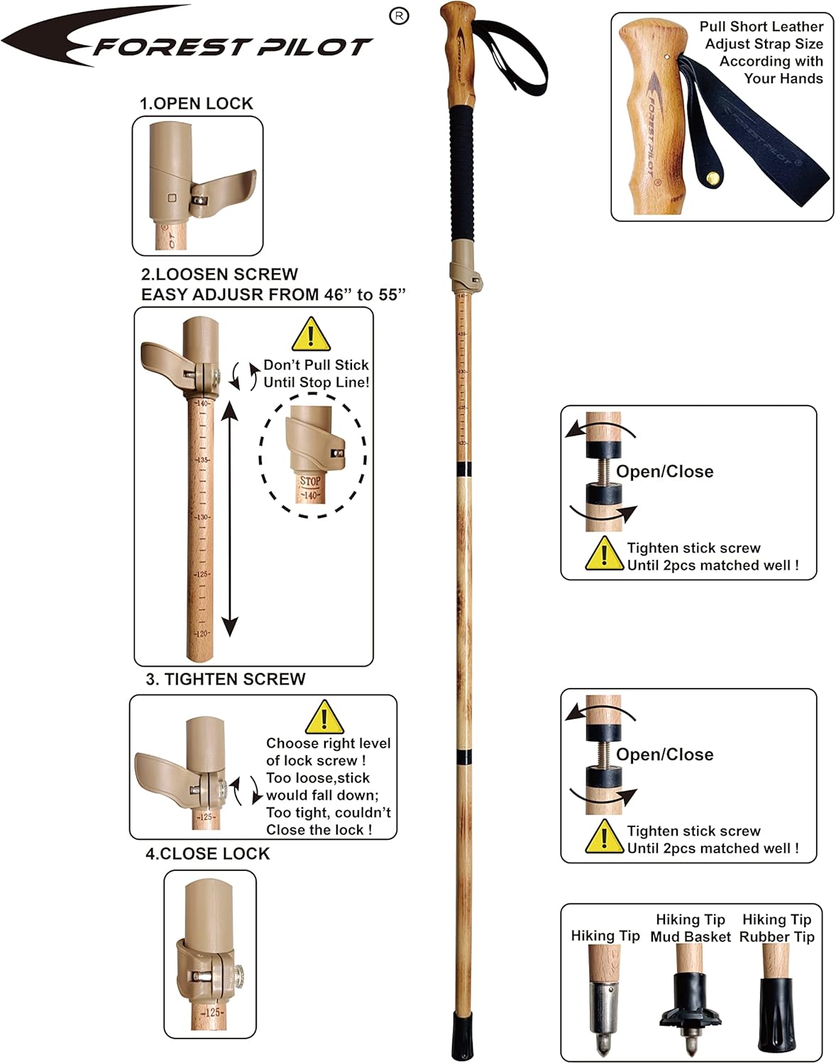 Trekking Poles- 1-pc Pack - Adjustable Hiking or Walking Stick –Strong, Natural Beech Wood - Quick Adjust Flip-Lock - Beech Wood Grip, Leather Strap - Image 3