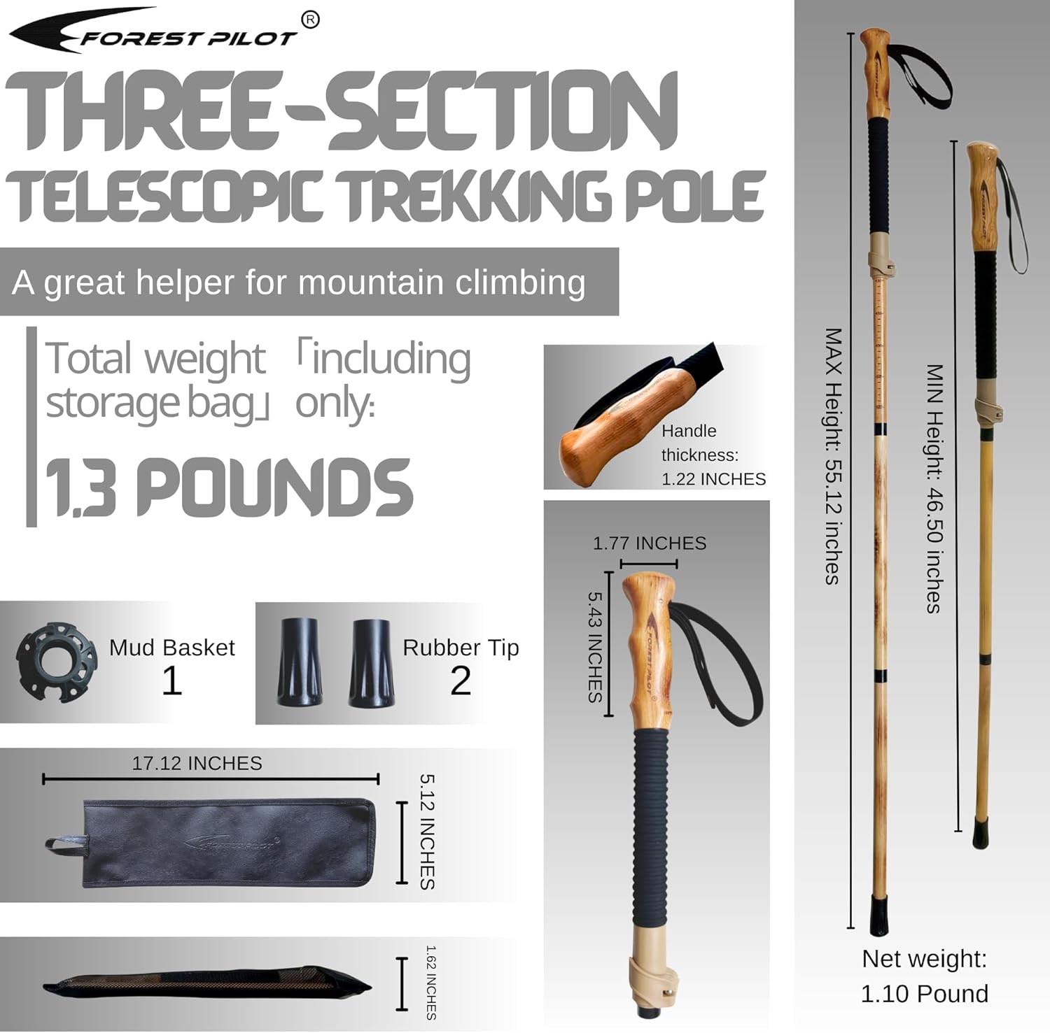 Trekking Poles- 1-pc Pack - Adjustable Hiking or Walking Stick –Strong, Natural Beech Wood - Quick Adjust Flip-Lock - Beech Wood Grip, Leather Strap - Image 5